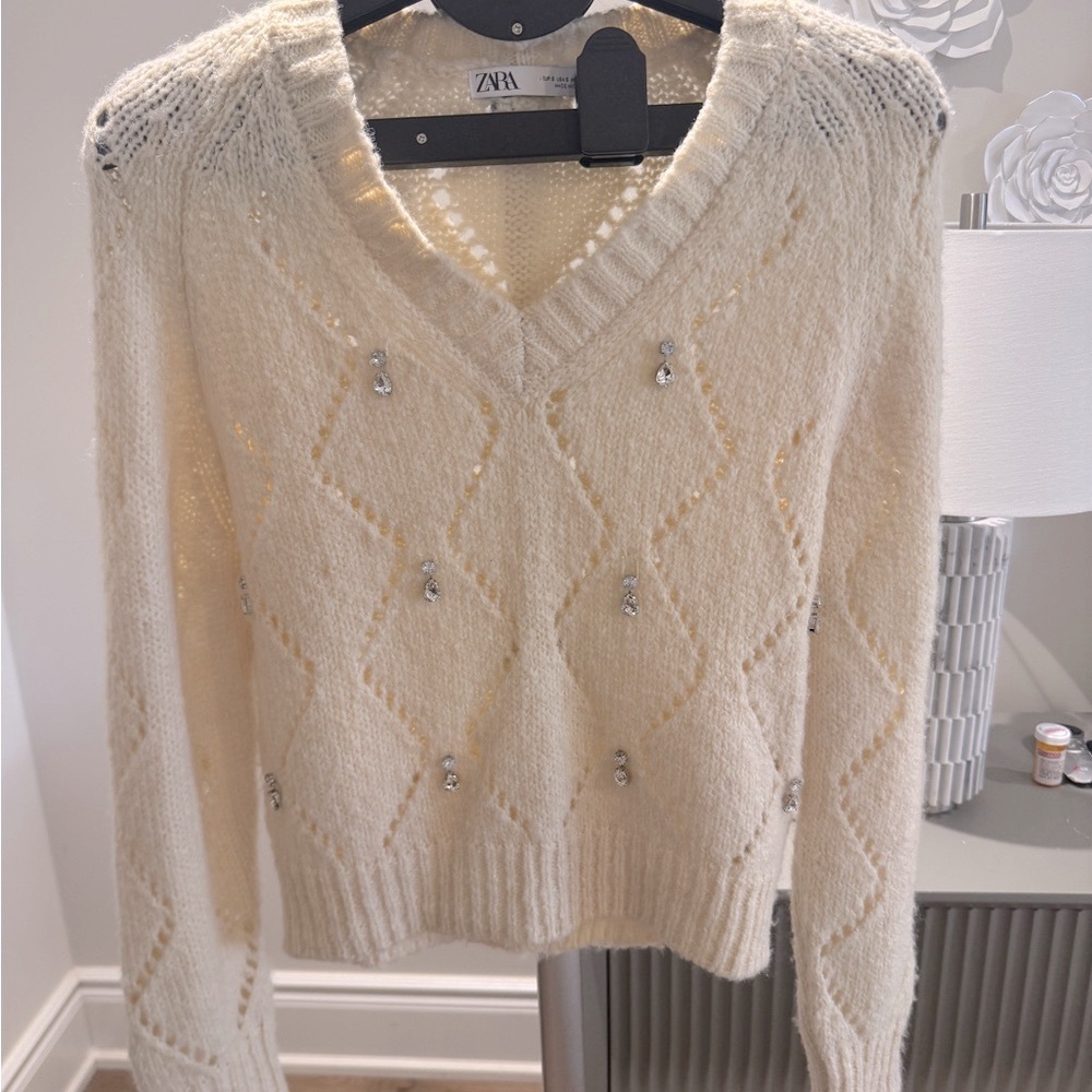 Zara Ivory V-Neck Sweater with Silver Accents